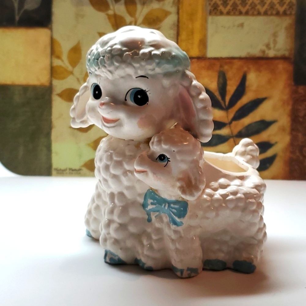 Vintage Caffco Ceramic Planter Nursery Anthropomorphic Mom and Baby Lamb